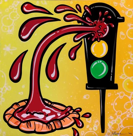 La Pupazza, Semaforopizza, spray e pennarello su tavola, 122x122 cm