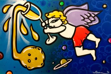 La Pupazza, L'angelo versa la luna, spray e pennarello su tela, 90x120 cm