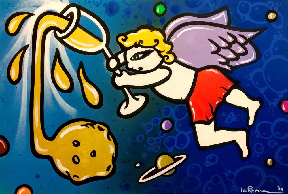La Pupazza, L'angelo versa la luna, spray e pennarello su tela, 90x120 cm La Pupazza, L'angelo versa la luna, spray e pennarello su tela, 90x120 cm