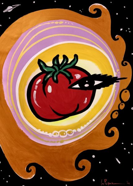 La Pupazza, Pomodoro con l'occhio, spray e pennarello su carta, 50x70 cm