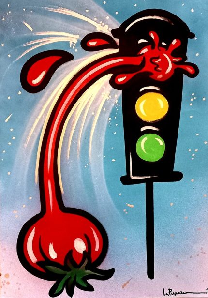 La Pupazza, Semaforopomodoro con l'occhio, spray e pennarello su carta, 50x70 cm