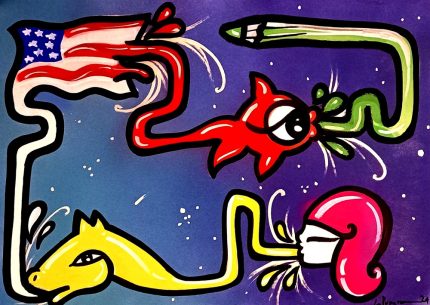 La Pupazza, Donna che soffia, spray e pennarello su carta, 50x70 cm