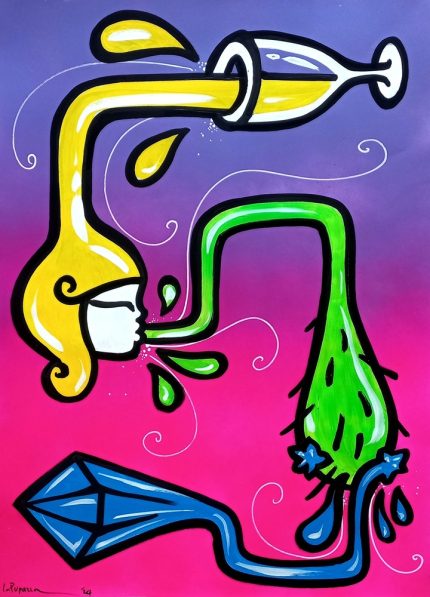 La Pupazza, Bicchiere magico, spray e pennarello su carta, 50x70 cm