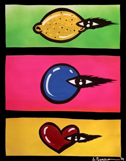 La Pupazza, Oggetti con l'occhio, spray e pennarello su carta, 50x70 cm