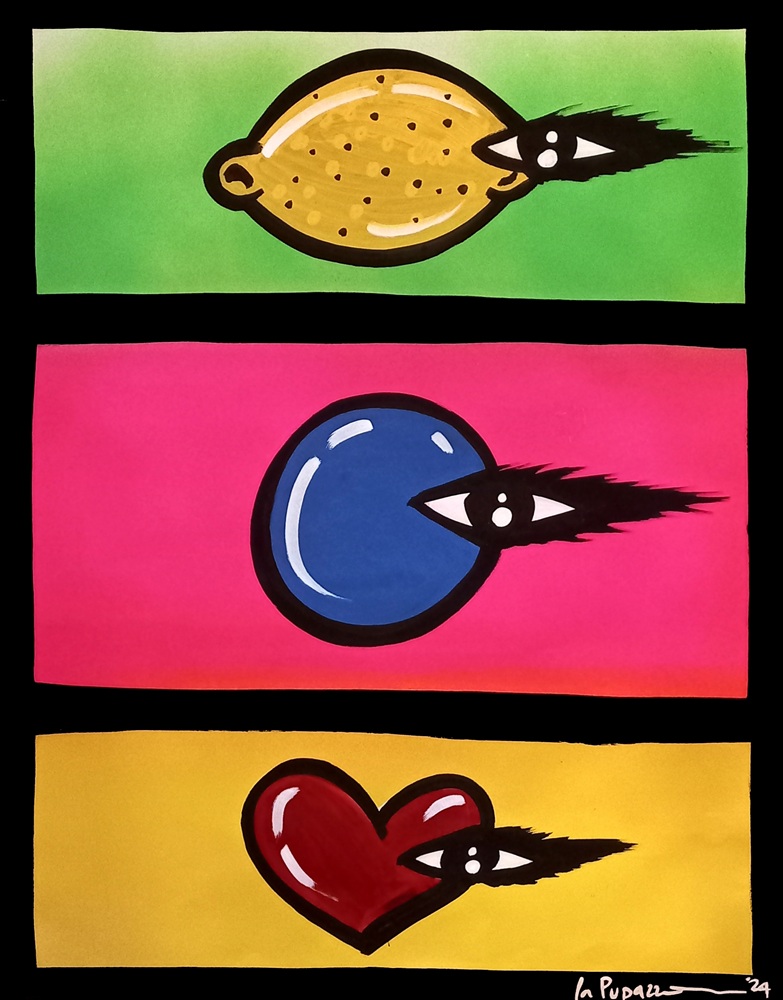 La Pupazza, Oggetti con l'occhio, spray e pennarello su carta, 50x70 cm La Pupazza, Oggetti con l'occhio, spray e pennarello su carta, 50x70 cm