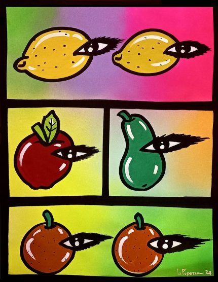 La Pupazza, Oggetti con l'occhio, spray e pennarello su carta, 50x70 cm