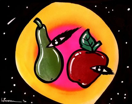 La Pupazza, La mela e la pera con l'occhio, spray e pennarello su carta, 50x70 cm