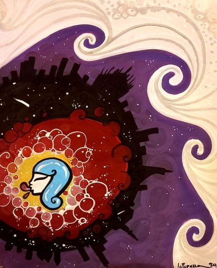 La Pupazza, Donna soffia le bolle, spray e pennarello su carta, 50x70 cm