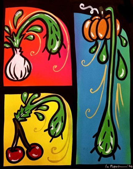 La Pupazza, Oggetti in movimento , spray e pennarello su carta, 50x70 cm