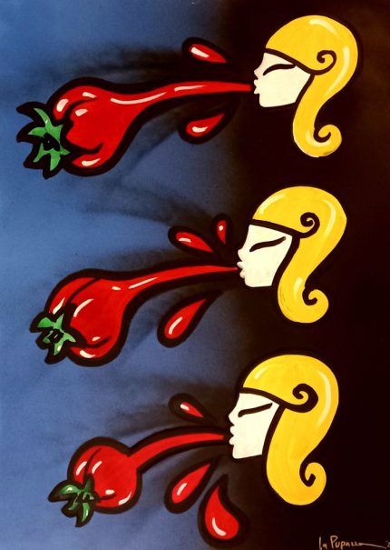 La Pupazza, Donne soffiano il pomodoro, spray e pennarello su carta, 50x70 cm