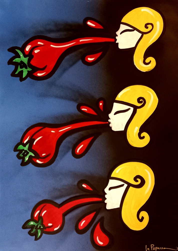 La Pupazza, Donne soffiano il pomodoro, spray e pennarello su carta, 50x70 cm La Pupazza, Donne soffiano il pomodoro, spray e pennarello su carta, 50x70 cm