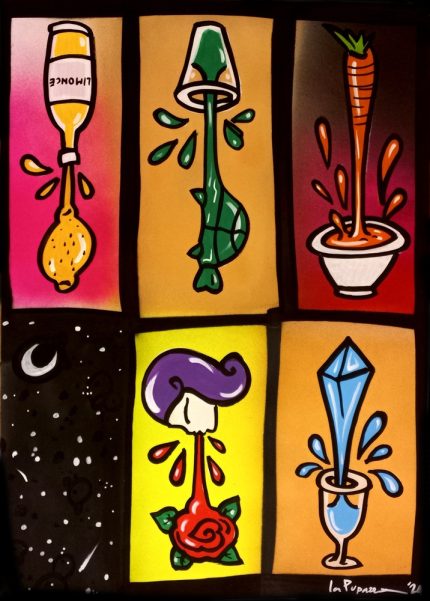 La Pupazza, Oggetti in movimento, spray e pennarello su carta, 50x70 cm