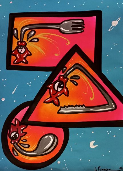 La Pupazza, Pesci soffiano le posate, spray e pennarello su carta, 50x70 cm