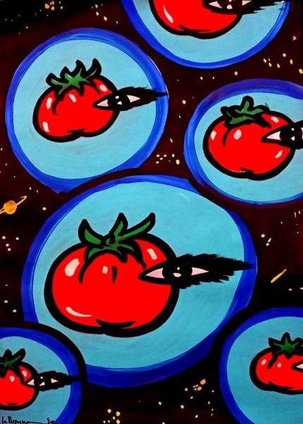 La Pupazza, Pomodori con l'occhio, spray e pennarello su carta, 50x70 cm